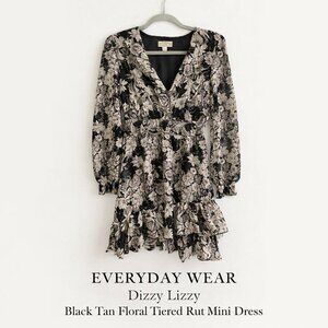 Dizzy Lizzy Black Tan Floral Tiered Ruffle Mini Dress Size S NWOT